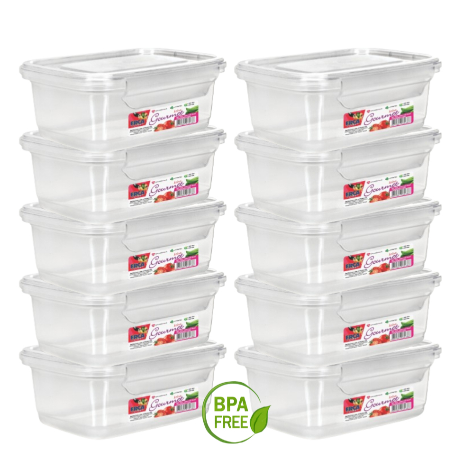 Jogo 10 Potes Tampa Com Trava 750ml, Pote Organizador Retangular Marmita Fitness BPA FREE
