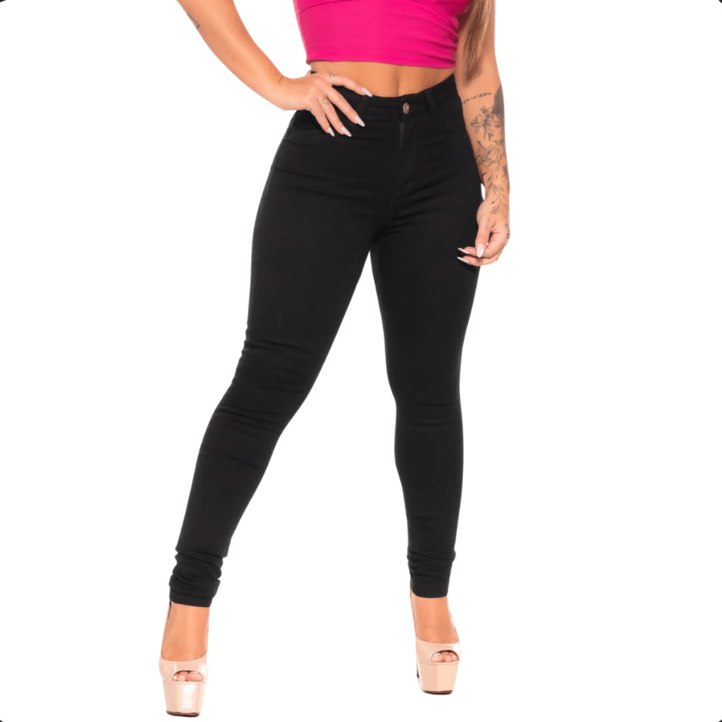 Calça preta feminina jeans com Lycra Skinny cintura alta levanta bumbum