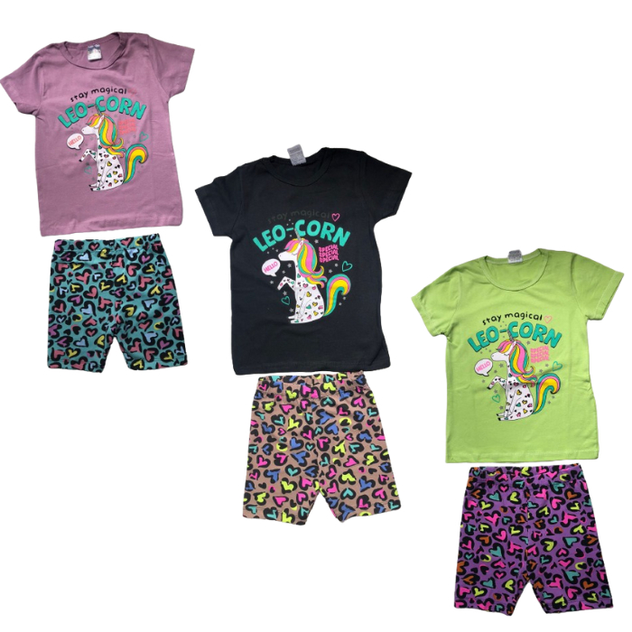 Conjunto Camiseta Manga Curta e Shortinho Menina Estampado Ponei Infantil Tamanho 12 3 Verde Preto Rosa Cato Lele Ref 2257