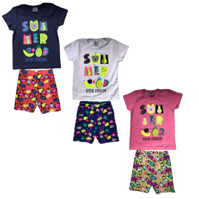 Conjunto Camiseta Manga curta e Shortinho  Menina, Estampado Ponei Infantil Feminina Tamanho 1, 2 e 3 Branco ,Azul Marinho e Rosa Cato Lele Ref 2256