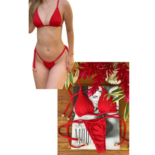 Conjunto biquíni cortininha sem bojo com amarração em canelado moda verão