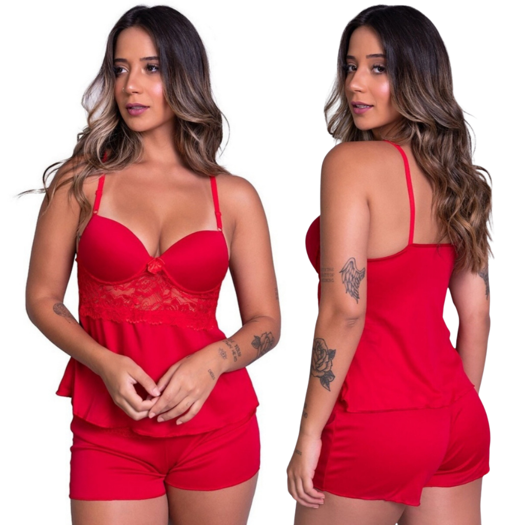 Short Doll com Bojo Alça Verao Pijama Feminino Dormir Confortavel Renda Cropped