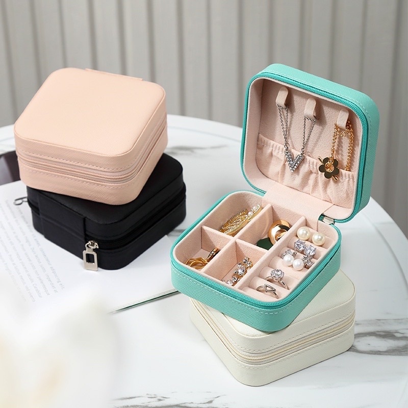 Porta Jóias Viagem Caixa Maleta Couro Com Zíper Anel Colar Caixa de Armazenamento Bolsa Bijuteria Estojo Maleta Portátil