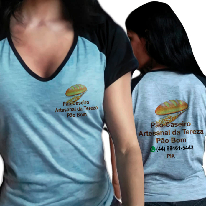Uniforme padaria - Modelo Feminino Raglan, Logo da Sua padaria Frente e Costas