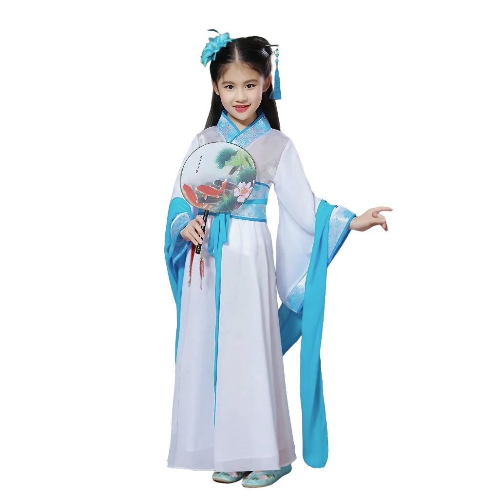 Quimono Azul Branco Chinês Infantil Menina Gueixa Kimono + Leque Hanfu