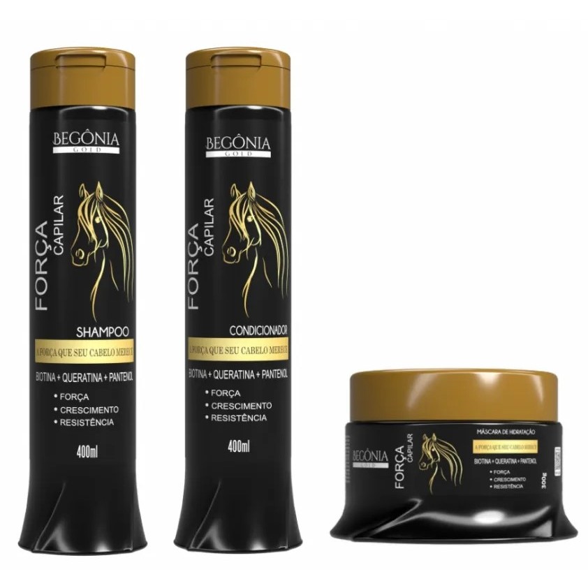 Kit Cabelo Mais Forte FORÇA CAPILAR - Cavalo (3 Itens) - Begônia Gold