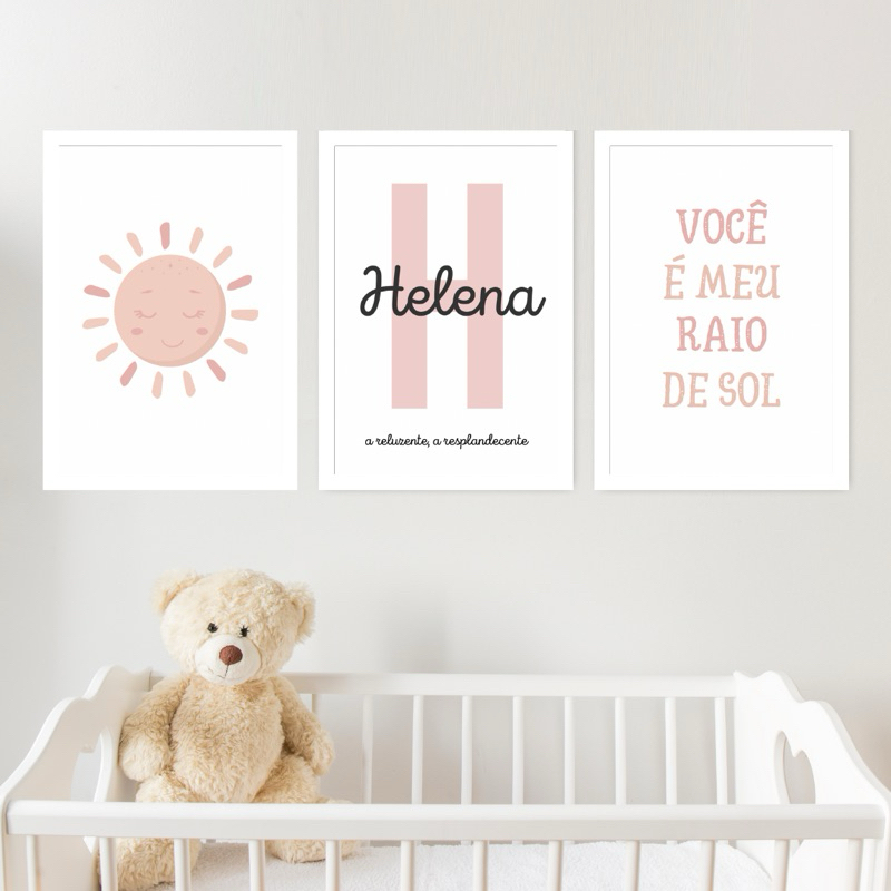 Kit 3 Quadros Decorativos 20x30 Infantil Personalizado Nome Bebê Para Quarto Ou Porta Maternidade Sol