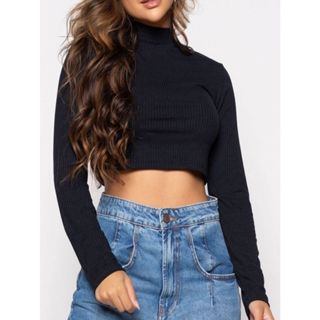 Cropped gola alta manga longa canelado