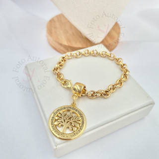 Pulseira Feminina Elo Português Pingente Árvore da Vida Dourado Banho Ouro 18k Garantia Cod.P1