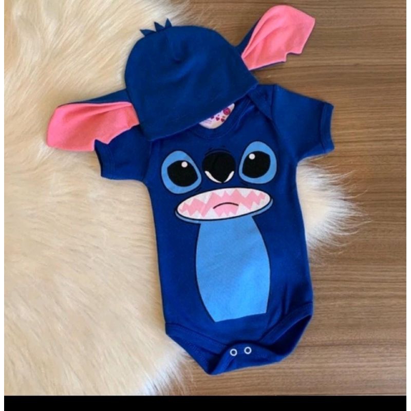 Body bebê  Temático+ touca Stitch Bebê Mesversario Fantasia