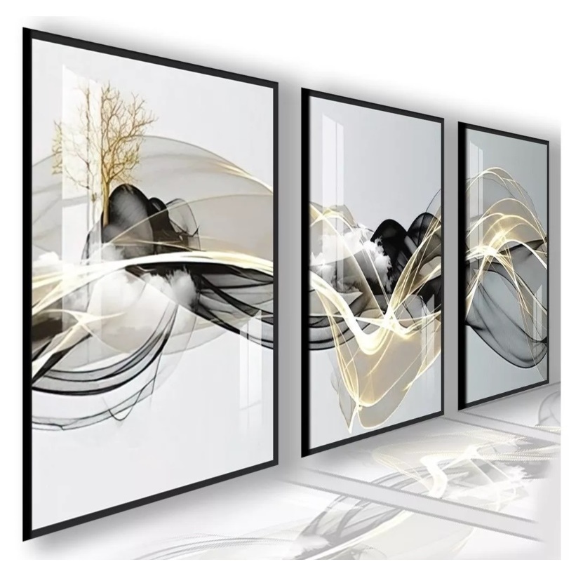 Kit 3 Quadros Decorativos Abstrato Linha Gold Luxo Sala Quarto Escritório Hall Parede Moderna