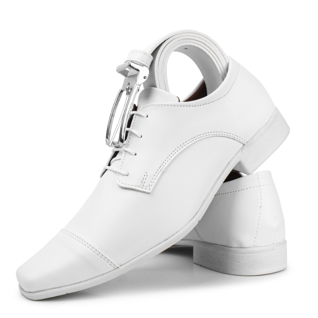 Sapato social branco masculino modelo tradicional de amarrar + cinto branco em Oferta na Shopee