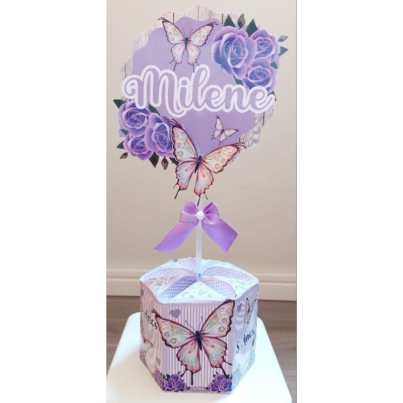 Kit 10 Centro de Mesa Cachepo Personalizado Festa Aniversário Lembrancinhas Festa das Borboletas Lilás 15 anos