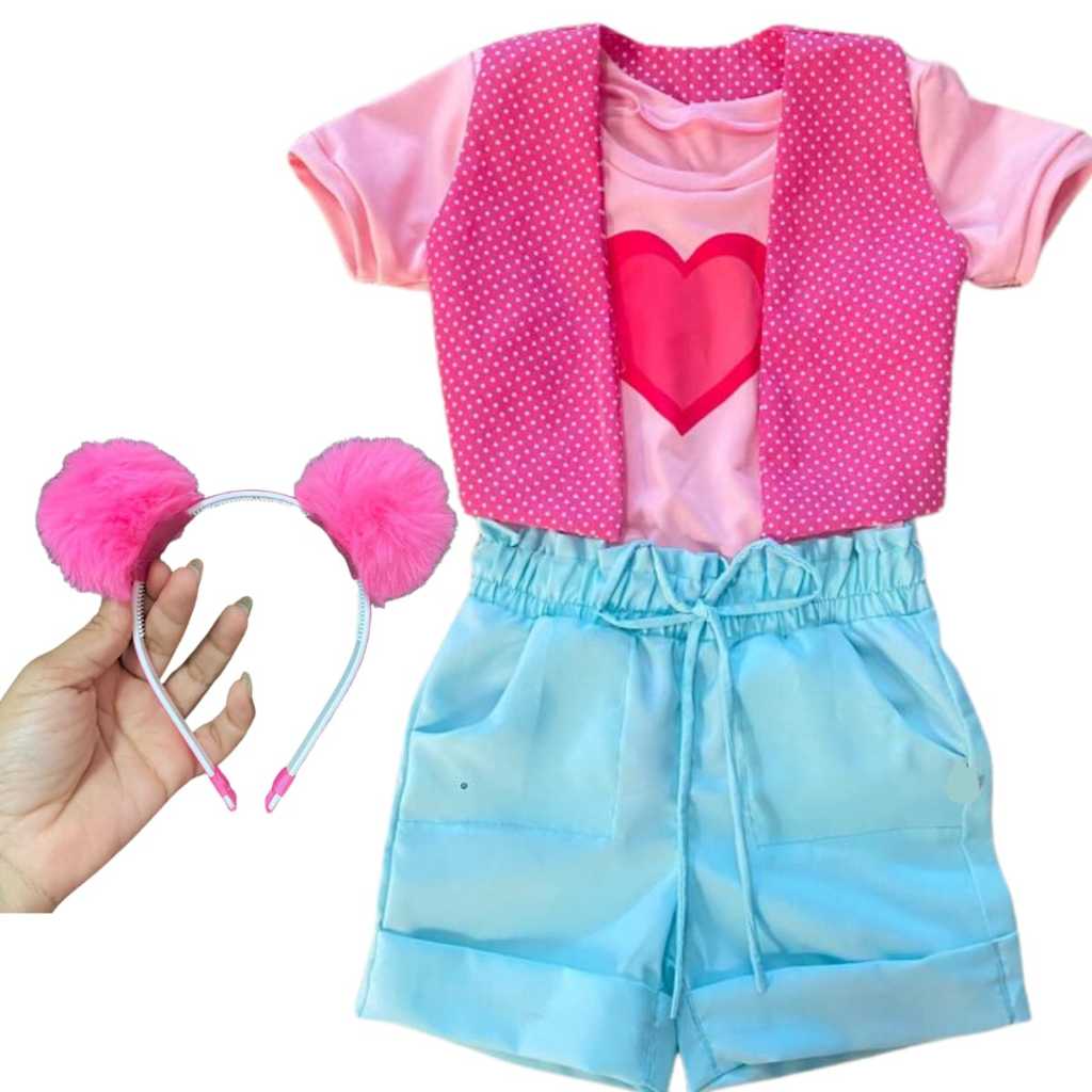 Conjunto Roupa moda feminina infantil Tiara, Colete, Jaqueta, Blusa e short, aniversario, verão