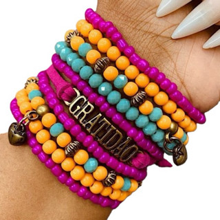 Kit 10 pulseiras femininas moda verão estilosa moderna em couro e missangas preço atacado