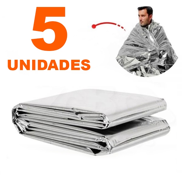 Kit com 5 Cobertor Manta Térmica Aluminizado 2,10 x 1,40m Para Resgate, Emergência e Campi...