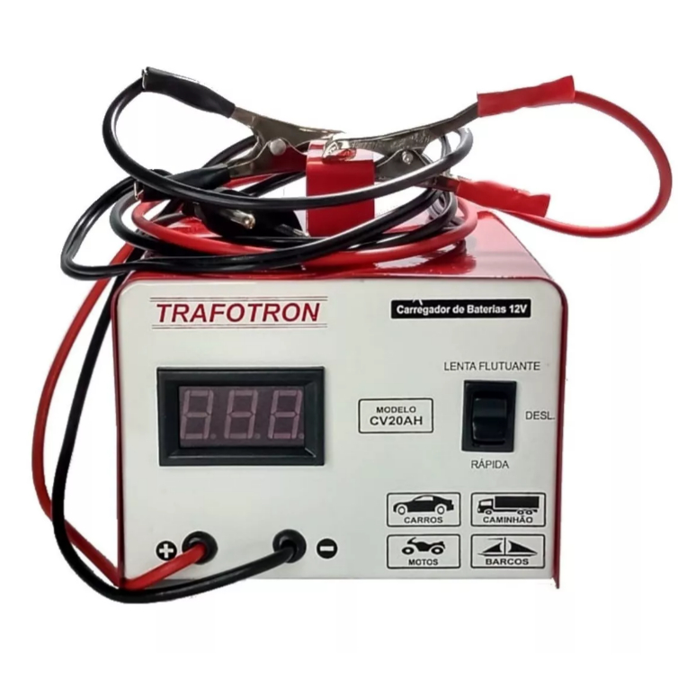Carregador de Bateria Automotiva CV20 12 Volts 20 Amperes/Hr, Com Voltimetro, Bivolt, Flutuante Inteligente Carro, Moto, Barco, Jetski e Estacionaria