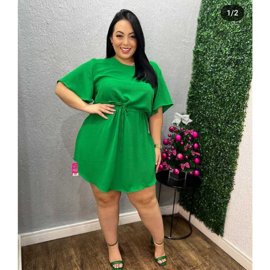 Vestido Feminino Plus Size Soltinho com Manga Curto Ajustável na Cintura Elegante Tecido Duna