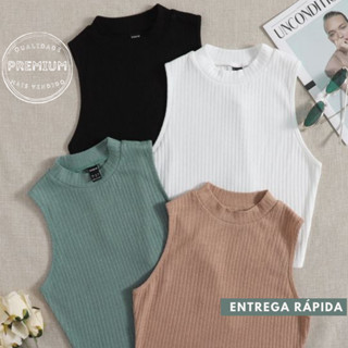 Kit 04 Cropped Regata Blusa Feminino Basico Canelado Sem Manga Fashion Blogueira Verão da Moda
