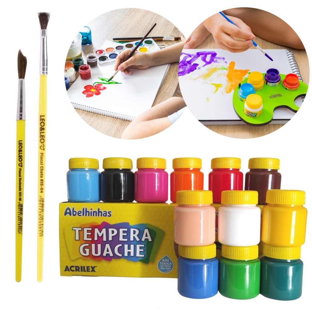 Tinta Tempera Guache Acrilex 12 Cores + 2 Pincéis Kit Pintura Infantil Escolar