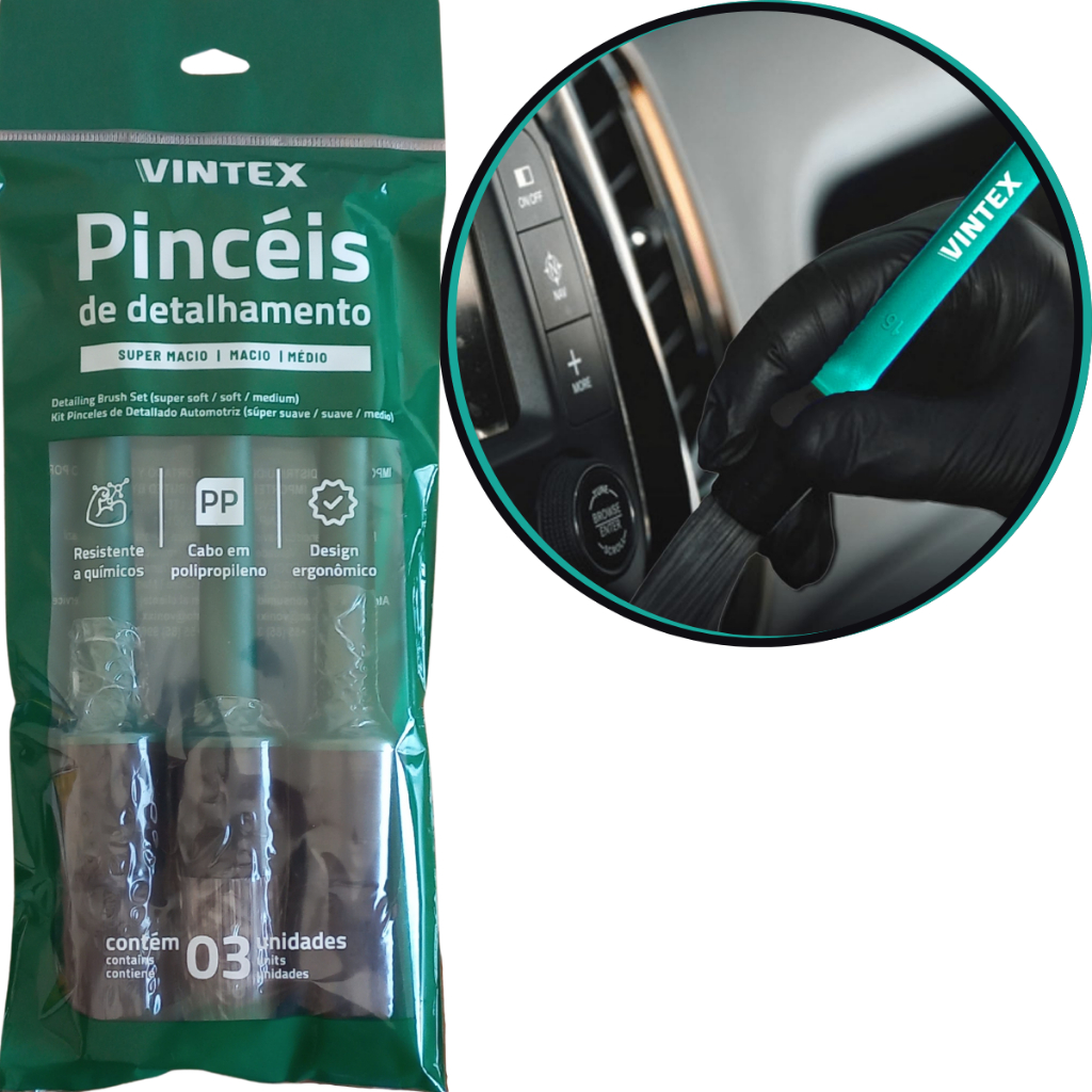 Kit 3 Pincéis de Detalhamento Automotivo Super Macio Vintex em Oferta na Shopee