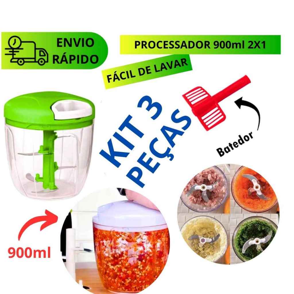 KIT 3 Processadores manuais Triturador Picador Fatiador De Alimentos 900ml 5 Lâminas Inox Com Mixer Batedor Misturador