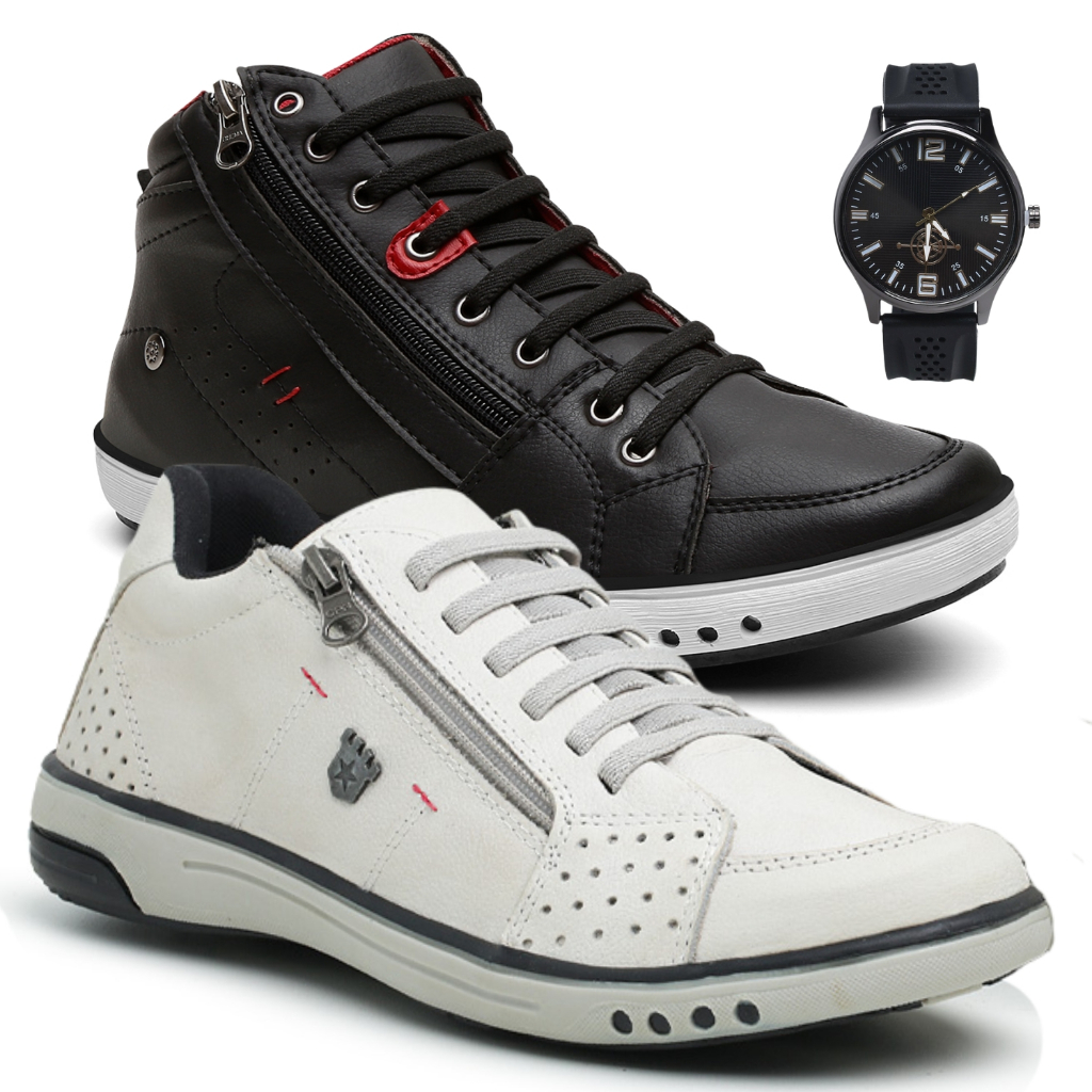 2 Sapatênis Masculino Couro Casual Com Ziper Anti Stress Moderno Calce Fácil em Oferta na Shopee