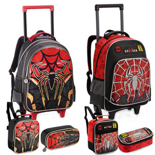 Kit Mochila de Rodinha Estojo Lancheira Escolar Menino Infantil Aranha Spider Homem