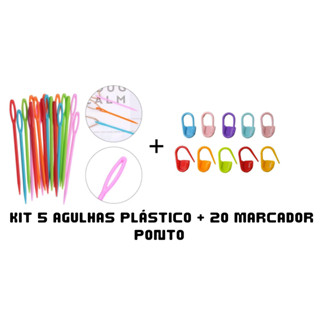 kit 5 Agulhas Plástico Com 20 Marcador Ponto Cadeado Colorido Crochê ou Tricô