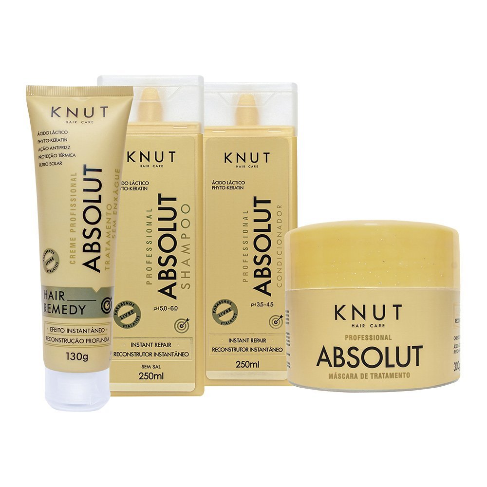 Kit KNUT ABSOLUT: Shampoo 250ml + Condicionador 250ml + Máscara 300g + Hair Remedy 130g