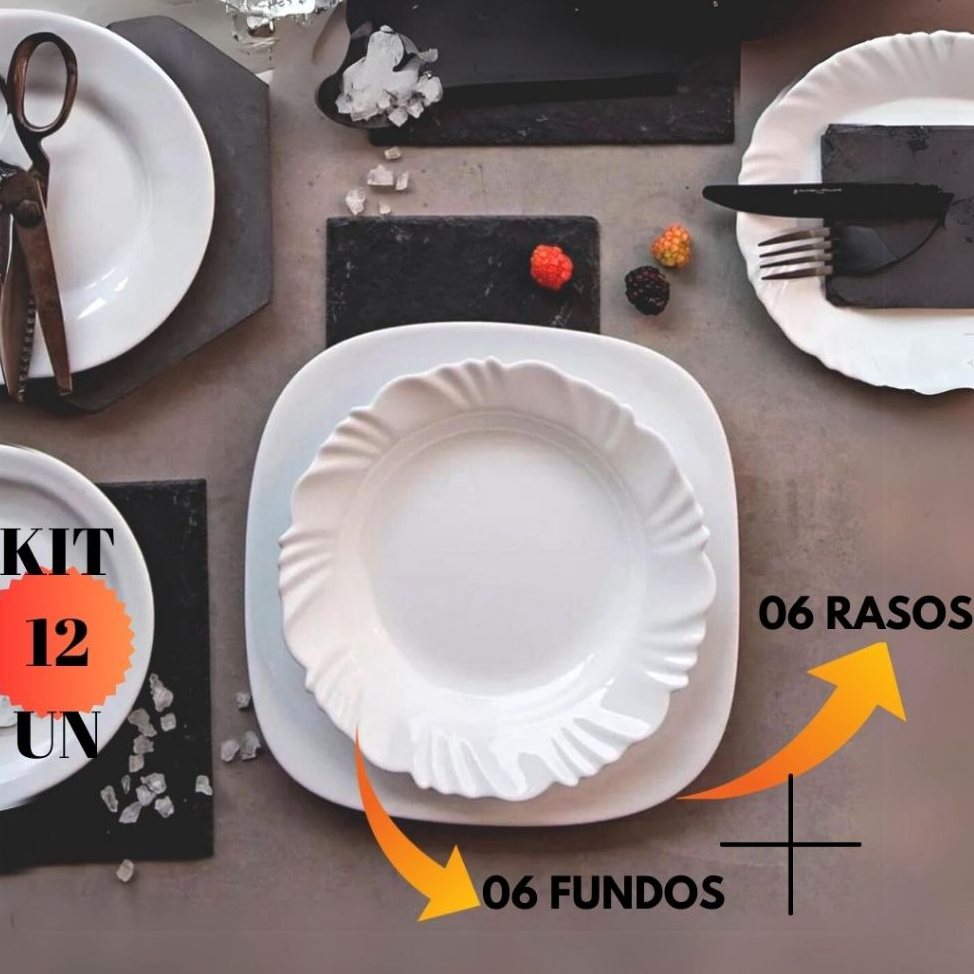 Kit 12 Peças 06 Pratos Fundo Redondo Petala+ 06 Rasos Plaza Quadrado Vidro Duralex Opaline Resistente Mesa Posta Buffet Restaurante Bar Cozinha Branco Porcelana Nadir Figueiredo Almoço Jantar Sobremesa Para Servir Plato Chique Fino