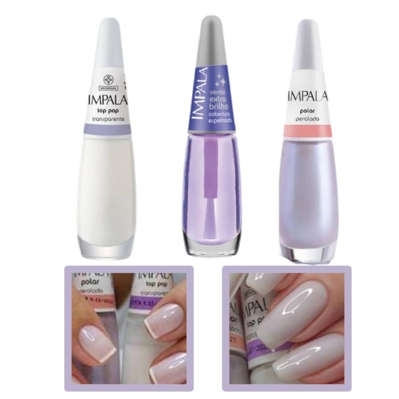 Kit Esmalte Francesinha Impala Top Pop Polar Verniz Extra Brilho 7,5ml cada