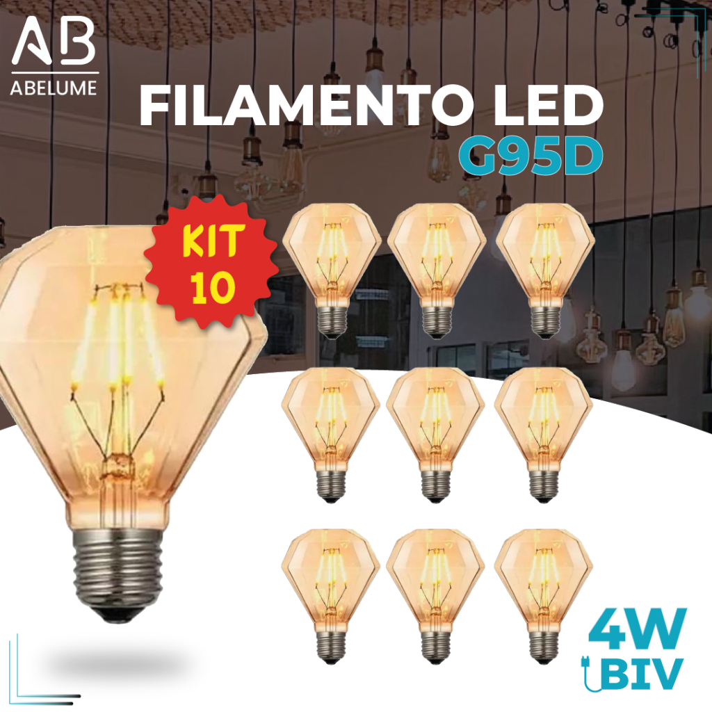 Kit 10 Lâmpada Filamento LED G95D 4W E27 LUZ QUENTE (AMARELO) Âmbar Retrô Vintage 110V~220V | Bivolt