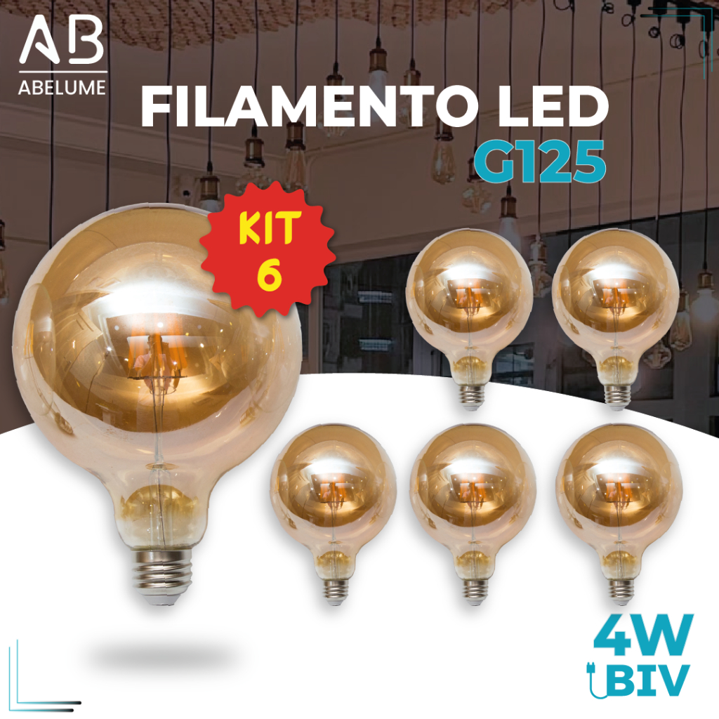 Kit 6 Lâmpada Filamento LED G125 4W E27 LUZ QUENTE (AMARELO) Âmbar Retrô Vintage 110V~220V | Bivolt em Oferta na Shopee