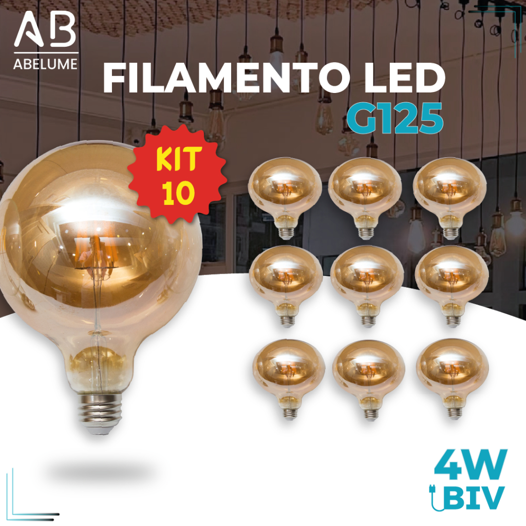 Kit 10 Lâmpada Filamento LED G125 4W E27 LUZ QUENTE (AMARELO) Âmbar Retrô Vintage 110V~220V | Bivolt em Oferta na Shopee