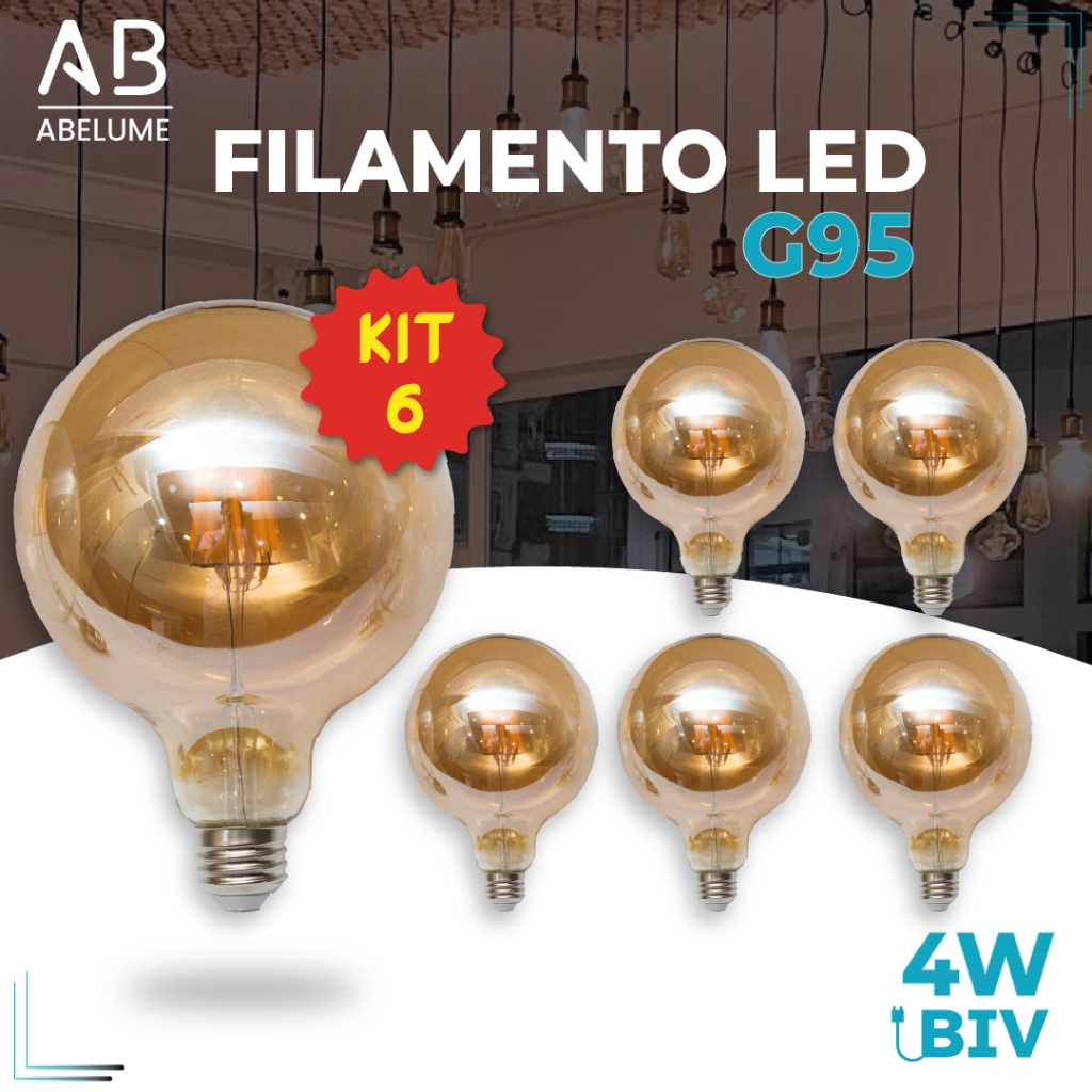 Kit 6 Lâmpada Filamento LED G95 4W E27 LUZ QUENTE (AMARELO) Âmbar Retrô Vintage 110V~220V | Bivolt em Oferta na Shopee