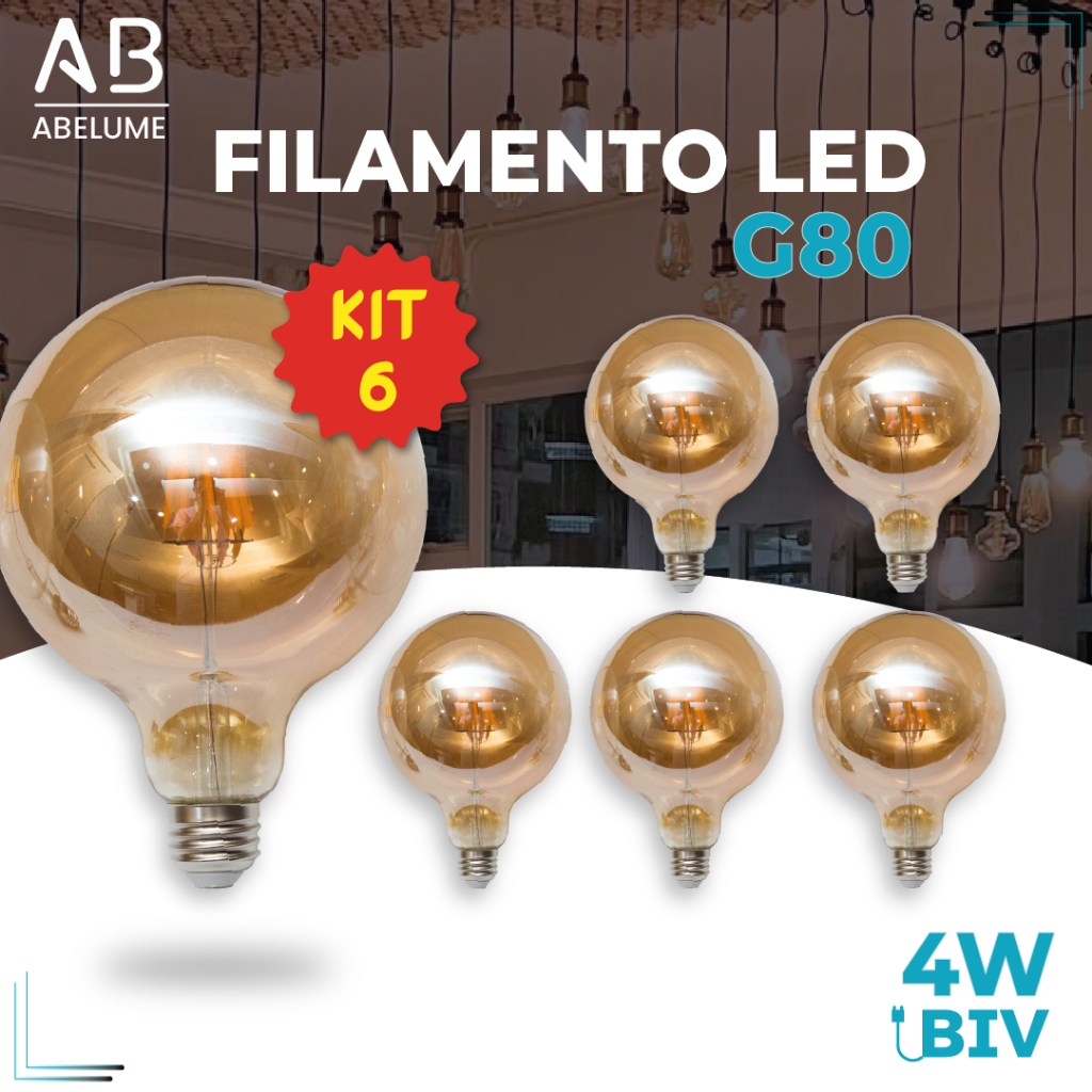 Kit 6 Lâmpada Filamento LED G80 4W E27 LUZ QUENTE (AMARELO) Âmbar Retrô Vintage 110V~220V | Bivolt - Home & Living