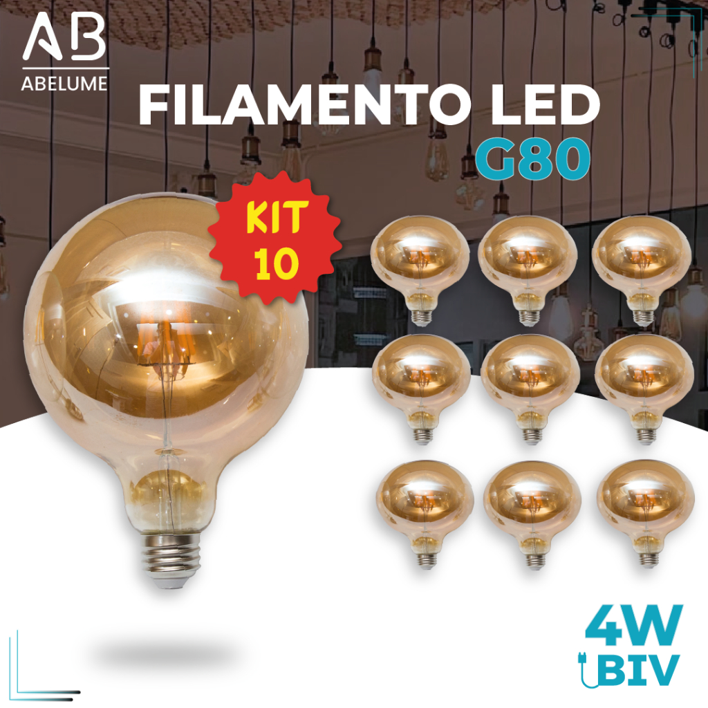 Kit 10 Lâmpada Filamento LED G80 4W E27 LUZ QUENTE (AMARELO) Âmbar Retrô Vintage 110V~220V | Bivolt - Home & Living