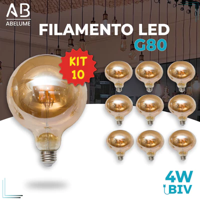 Kit 10 Lâmpada Filamento LED G80 4W E27 LUZ QUENTE (AMARELO) Âmbar Retrô Vintage 110V~220V | Bivolt