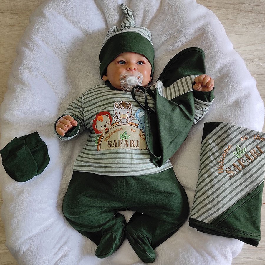 Kit Saída de Maternidade Bebê Menino Sonho Meu Malha Safari Listradinho Verde - 05 Peças Tam Único