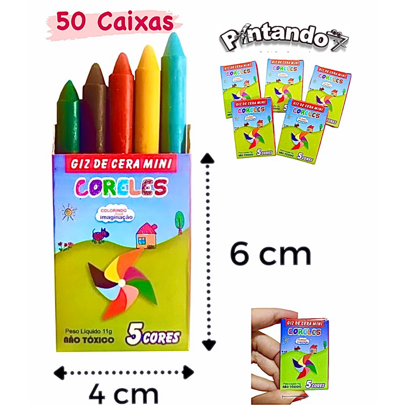 Kit 50 Cxs Mini  de Giz de cera Mini c/ 5 cores 6cm