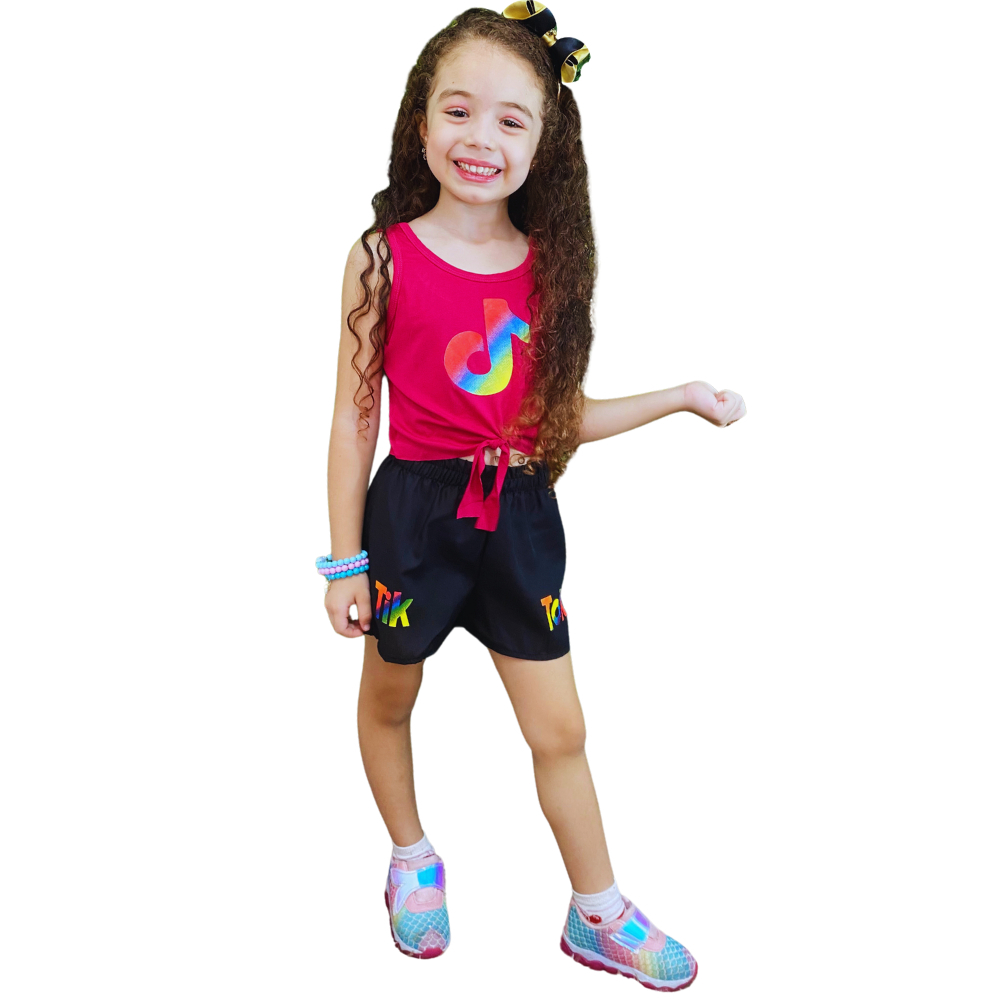 Roupa Infantil Conjunto Criança Feminino Menina Blogueirinha Verão Short  Preto + Camiseta Top Pink Infanto Juvenil Barato Pronta Entrega Kit Verão