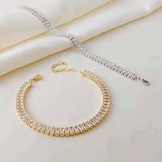 Pulseira Folheada a Ouro 18K Com Zircônia Baguete Cristal Importada Semijoias - D`France Joias