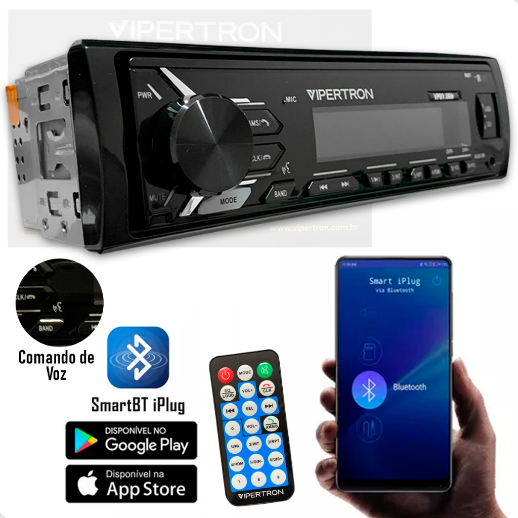 Rádio Automotivo Bluetooth Comando de Voz Similar Pioneer USB Som Mp3 Vipertron VP01.006 SD by Tiger