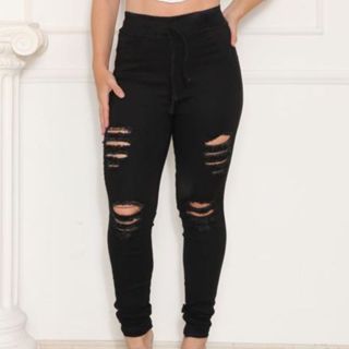 Calça Jeans skinny Feminina modelo de jogger - Toda Rasgada Preta