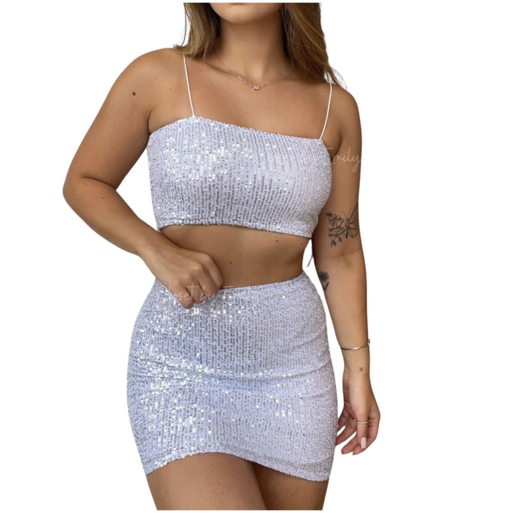 Conjunto Paetê Sxy Top Faixa E Saia Branco Carnaval Festas
