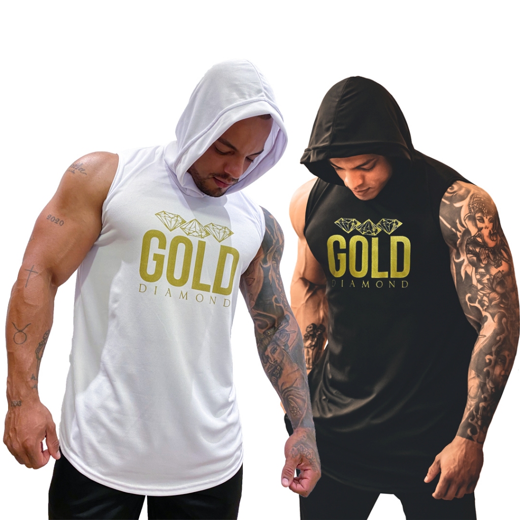 Kit com 2 Regatas Masculina Longline em Dry com Capuz Estampa Gold Diamond - Bombey em Oferta na Shopee