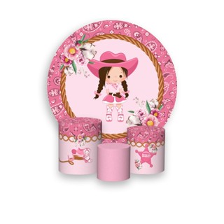 Painel De Festa 3d + Trio Capa Cilindro - Boiadeira Cute Rosa Floral 007