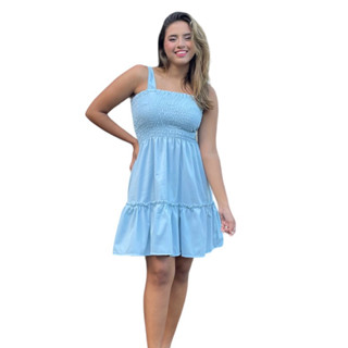 Vestido lastex com alça de amarração e babado franzido rodado
