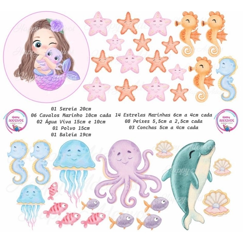 Adesivo De Parede Kit 36 Adesivos Para Porta De Vidro Janela Box De Vidro Banheiro Decoração Sereia Peixinhos Polvo Estrelas Marinhas Baleia Água Viva Concha Pérola Colante Recortado Infantil Menina Menino Fundo Do Mar Aquarela